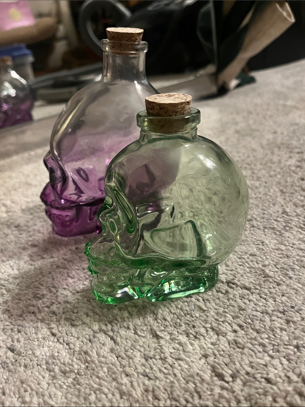 Glass Skull Bottle Set in Purple and Green - Decorative Home Accents - Picture 2 of 4